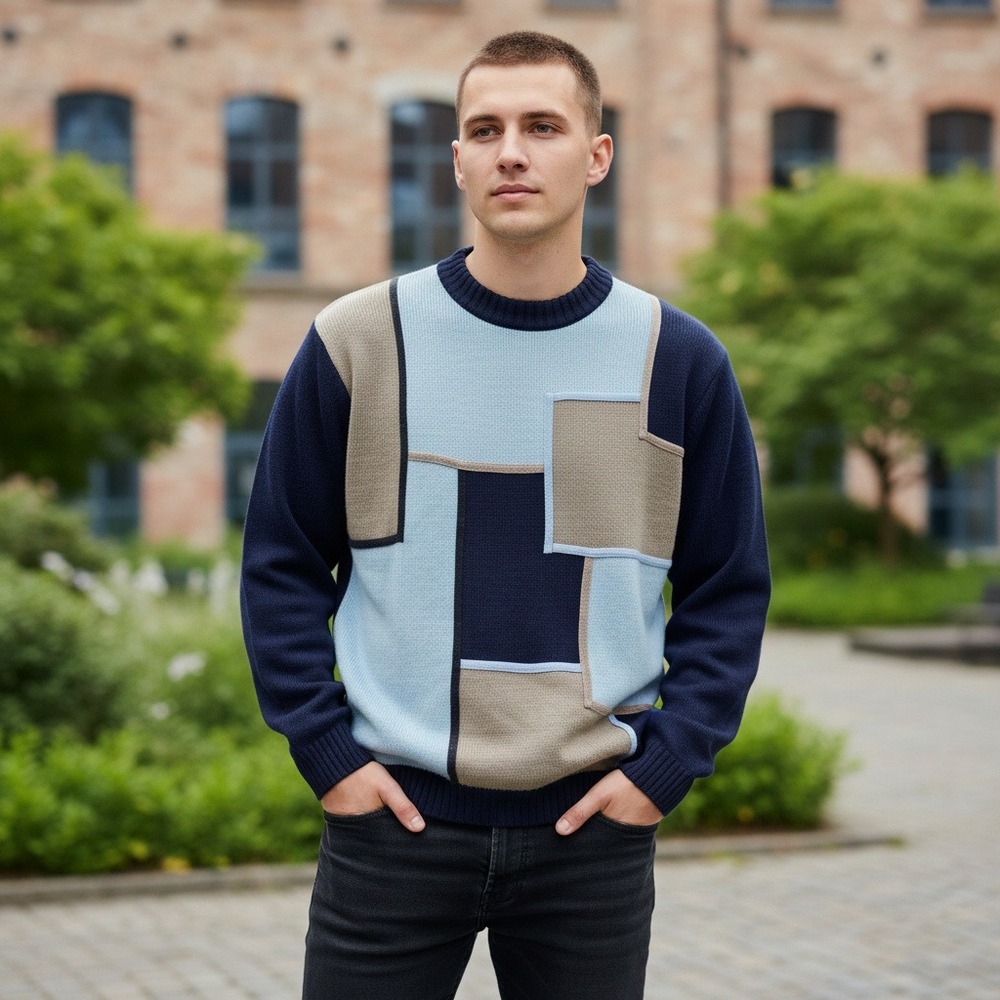 Raw Blue Nu Realms Mens‎ VTG 2XL Acrylic Colorblock Patchwork Sweater Crew Neck